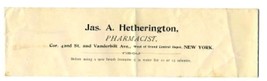 Jas A Hetherington Pharmacists Envelope 42nd St  Vanderbilt Ave New York... - £10.95 GBP