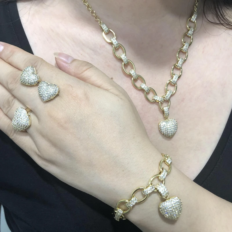Luxury Cubic Zirconia Stone Jewelry Set For Women Heart Pendant Necklace Bracele - £77.40 GBP