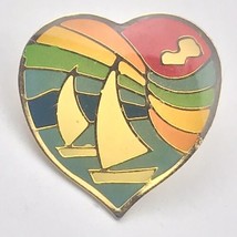 Heart shaped Rainbow Sailboats Vintage Pin Hippie Pride Gold Tone - $9.89
