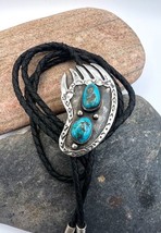 Vintage Navajo Handmade Sterling Silver Natural Turquoise Bear Paw Bolo Tie - £255.78 GBP