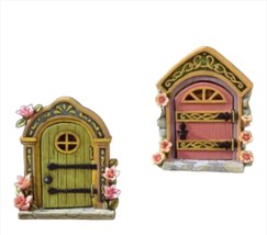Fairy Door Statues Set of 2 Resin Cobblestone and Floral Detailing 6.7" High - $44.54