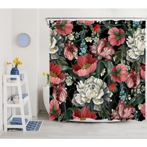 Black Floral , White Red Floral With Green Leaves On Black Background Bathroom C - $31.99