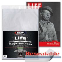 1 pack of 100 BCW 11 ⅛" x 14 ¼" + 1 ¼" Flap Resealable Life Magazine Bags - $21.99