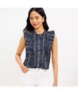 Loft Ruffle Bib Pin Tuck Button Top Ruffle Cap Sleeves Star Pattern Navy... - $19.99