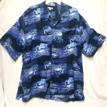 George Classic Cars Shirt Blue Short Sleeve Button Down Size XL Palm Trees - $22.33