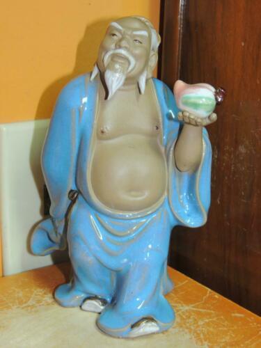 Chinese Mud Man/ Men 7.5&quot; blue Robe holding Peach marked China mudman Wa... - $20.24