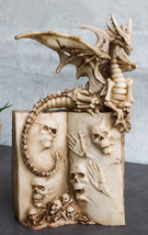 Gothic Skeleton Dragon On Spell Book Of The Dead Skulls And Bone Hands Figurine - £23.97 GBP