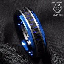 ATOP 8mm Men&#39;s jewelry Blue Tungsten Ring Black and Blue Carbon Fiber Wedding  - £28.27 GBP