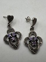 Vintage Sterling Silver Art Deco Style Amethyst Marcasite Dangle Heart E... - $498.92 MXN