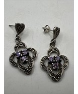 Vintage Sterling Silver Art Deco Style Amethyst Marcasite Dangle Heart E... - $26.65
