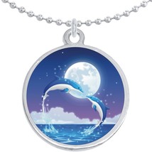 Dolphins Moon Round Pendant Necklace Beautiful Fashion Jewelry - £8.60 GBP