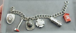 Vintage Silver Tone Charm Bracelet 6 Large Firefighter Related Charms - $29.99