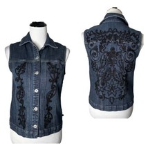 Chico&#39;s Platinum Denim Jacket Embroidered Floral Blue Black Women Size 0 Small - £26.59 GBP