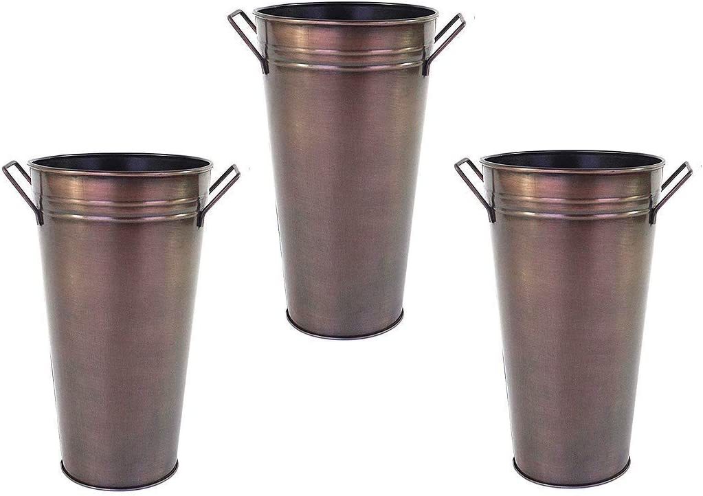 Hosley Set Of 3 Antique Bronze Galvanized Floral Vases French Buckets With - $37.99
