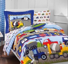 Construction Trucks Police Cars Tractors Boys Twin Comforter Set (5 Piece - £54.36 GBP