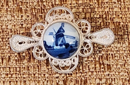 Vintage Delft Silver Filigree Broach Porcelain center windmill  Pin - £27.04 GBP