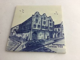 Vintage Ceramic Tile Trivet synagogue Curacao 1732 6&quot; Blue White Dutch - $15.82