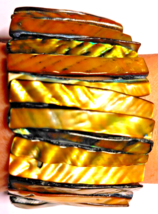 Vtg Mother Of Pearl Abalone Shell Stretch Cuff Bracelet Gold Brown Tones 1.5&quot; W - £24.48 GBP