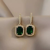 3Ct Cushion Cut Lab Created Green Emerald Dangle Earrings 14K Yellow Gold Plated - £50.65 GBP