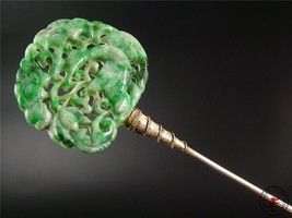 Antique Old Chinese Silver Carved Jadeite Jade Hair Pin Qing Dynasty - $852.49