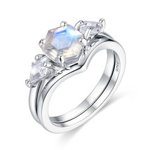 Gold nautral rainbow moonstone gemstone ring sets for women 925 sterling silver hexagon thumb200
