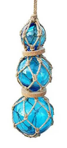 Glass Fishing Floats, 2-4&quot; Aqua, Strand of 3 with Cork Japanese Glass Buoy Balls - £39.16 GBP