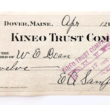1915 Kineo Trust Company Bank Check E.A. Sampson Dover Maine Signed 7052... - $19.99