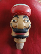 Carved Turkish Wood Wine Bottle Stopper Figural Man With Red Turban Mustache  - £24.18 GBP