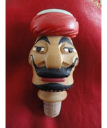 Carved Turkish Wood Wine Bottle Stopper Figural Man With Red Turban Mustache  - $30.00