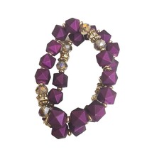 Purple Geometric Beaded Stretch Bracelet with Clear Details Goldtone Two Strand - £4.60 GBP