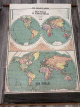 Vintage Johnston-Nystrom Pull-Down School Map The World In Hemispheres G... - $174.65