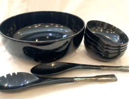 Vintage Black Lucite Salad Bowl, 4 Small Bowls and Salad Spoons Black - £18.56 GBP