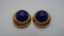 Vintage Faux Blue Lapis Gold Clip Designer Earrings 3cm - £18.99 GBP
