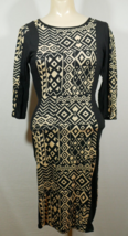 VTG Love J Black Gold Geometric Bodycon Stretch Dress 3/4 Sleeve Size Me... - £11.94 GBP