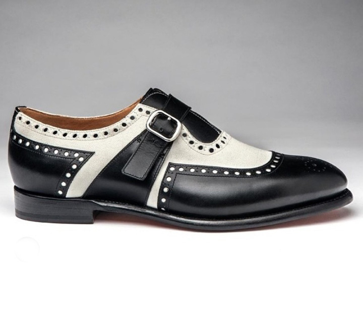 Men's Handmade Monk Shoes, Men's Black White Leather CapToe Monk Strap Shoes
