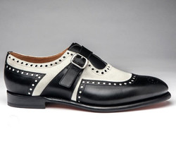 Men&#39;s Handmade Monk Shoes, Men&#39;s Black White Leather CapToe Monk Strap Shoes - £115.45 GBP