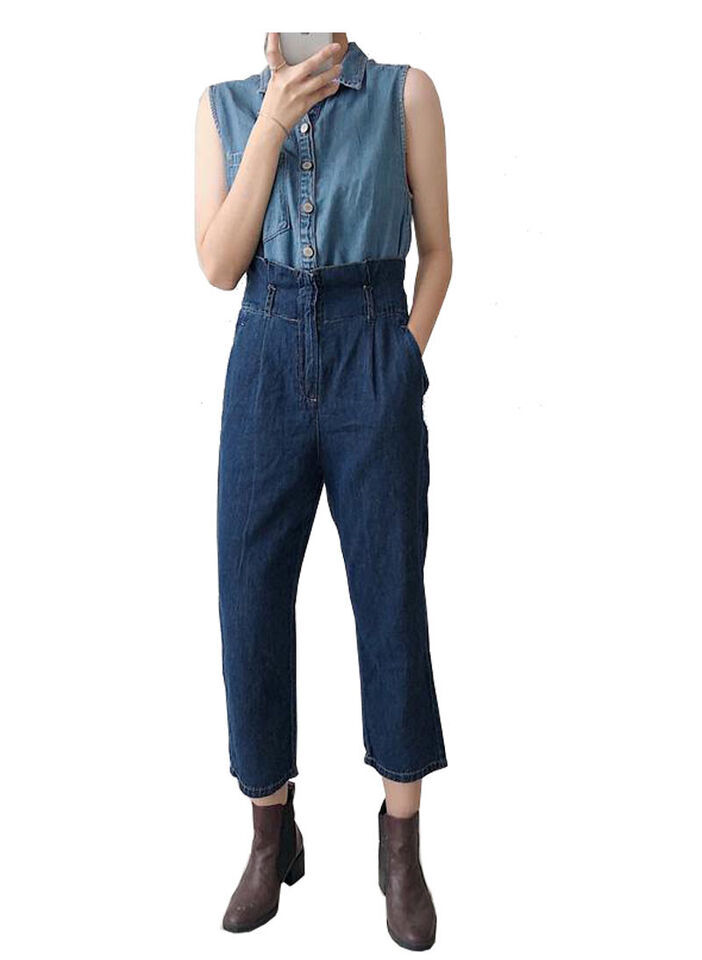 Women's Two-tone Double Denim Sleeveless Belted High Waist Jumpsuit RRP$90 AUS Item image 3