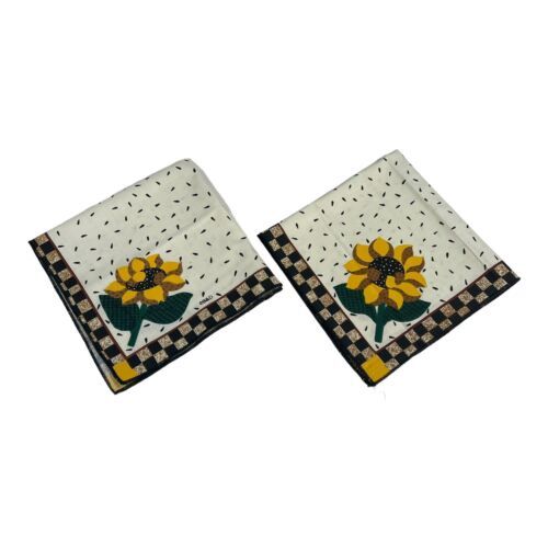 Primary image for Set Of 2 Sunflower Checkered Edge Square Cotton Cloth Napkin 16" Country Core