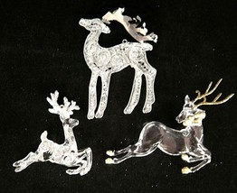 Reindeer Deer Christmas Ornaments Set of 3 Clear Acrylic Silver &amp; Gold Glitter - £10.64 GBP