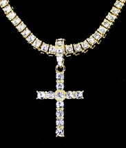 Iced CZ Cross Pendant Medallion Tennis Necklace Set 14k Gold Plated Hip Hop - £7.14 GBP+