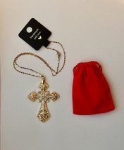 Gold Tone Big Cross Pendant Necklace Vampire Cross Rosary Goth Punk Statement - £14.99 GBP