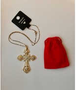 Gold Tone Big Cross Pendant Necklace Vampire Cross Rosary Goth Punk Stat... - $18.78