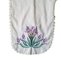 Table Runner Dresser Scarf Embroidered Cottagecore Iris Flower Purple White - £11.77 GBP