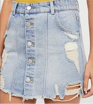 $58 FREE PEOPLE button fly jeans skirt 6 destroyed frayed stonewash denim mini S - £12.82 GBP