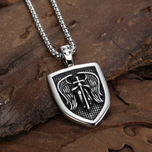 Mens Stainless Steel Silver Archangel Angel Michael Shield Pendant Necklace 24&quot; - £9.58 GBP