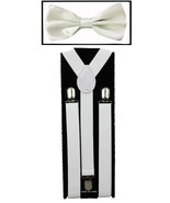 White SUSPENDERS and BOW TIE COMBO SET Unisex Adjustable Suspender Bowtie - £6.68 GBP