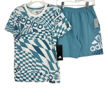 Adidas sz 7 outfit 2 piece youth graphic t-shirt knit shorts NEW blue - $24.75