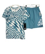 Adidas sz 7 outfit 2 piece youth graphic t-shirt knit shorts NEW blue - £19.46 GBP