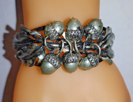 50s Vintage Clamper Cuff Bangle Bracelet Silver Tone 3D Acorn Oak Leaves - £14.21 GBP