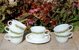 Pyrex Milk Glass Spring Blossom Set 6 Ring Handle Coffee Cups w/Saucers - $24.99